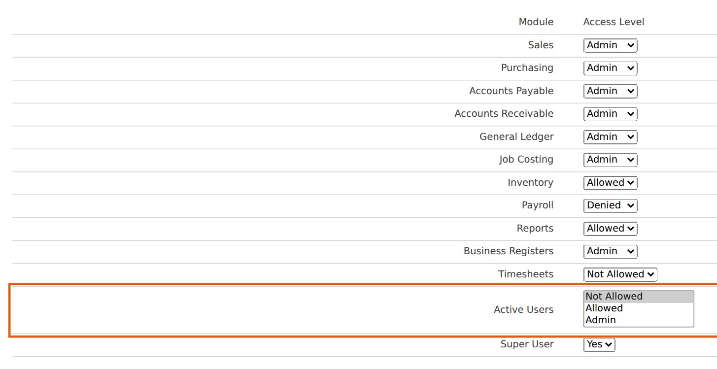 The Active Users permission on a staff record, under Contacts → Manage Staff → Permissions.