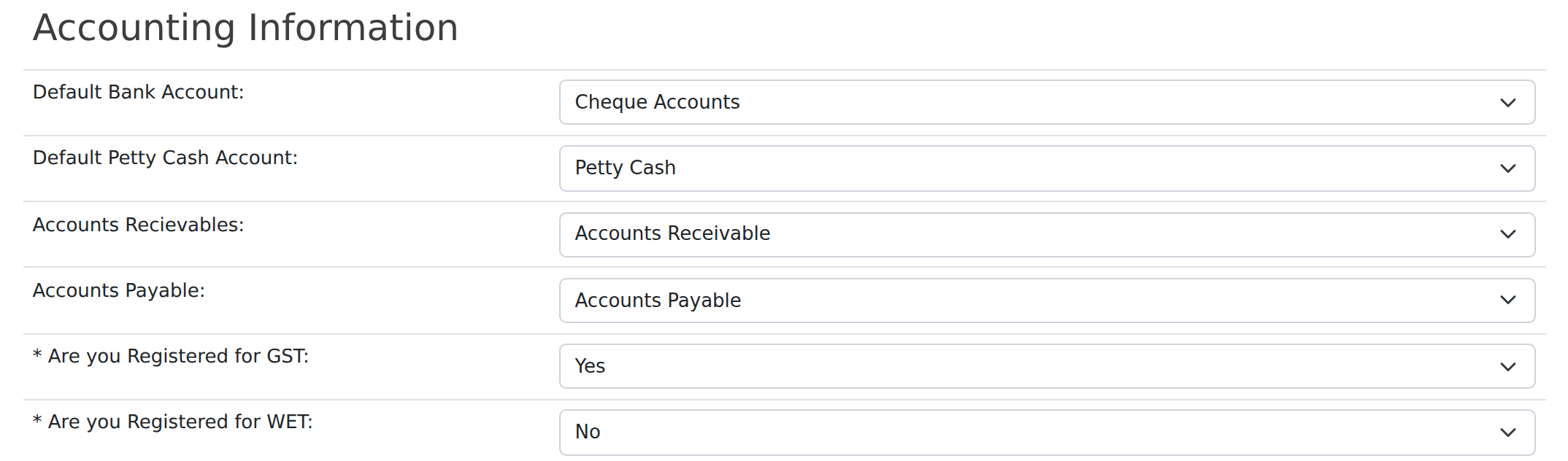 Settings → Company Setup → Accounting Information — the Accounts Receivable and Accounts Payable control accounts.