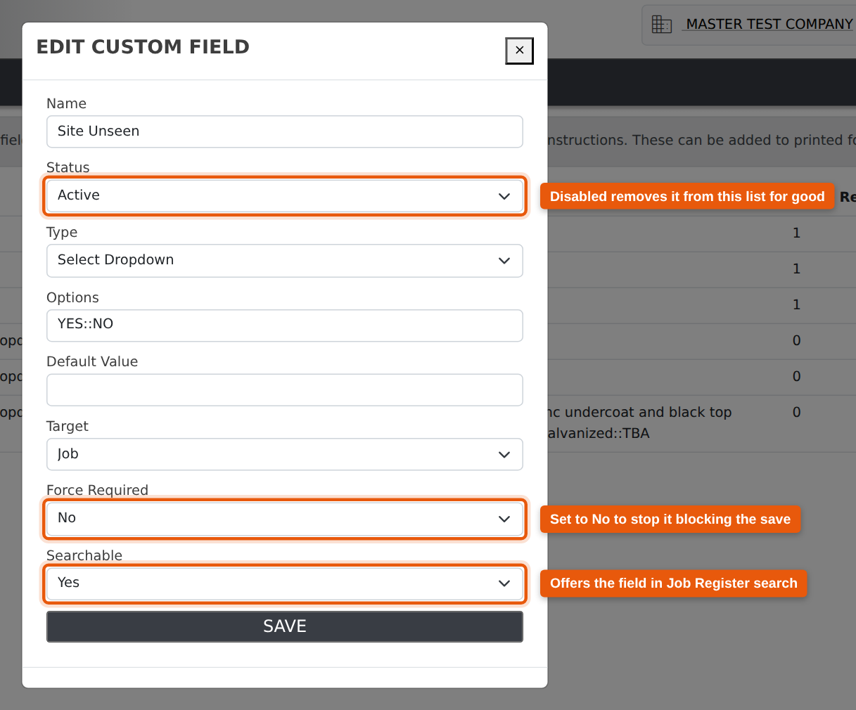 The edit window, opened by clicking a row. Status, Default Value and Searchable exist only here — and Force Required is changed from here too.