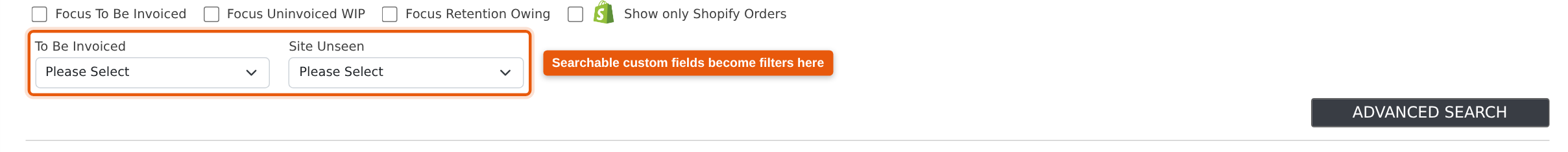 Advanced Search on the Project Register — the two Project fields marked Searchable appear as extra filters.