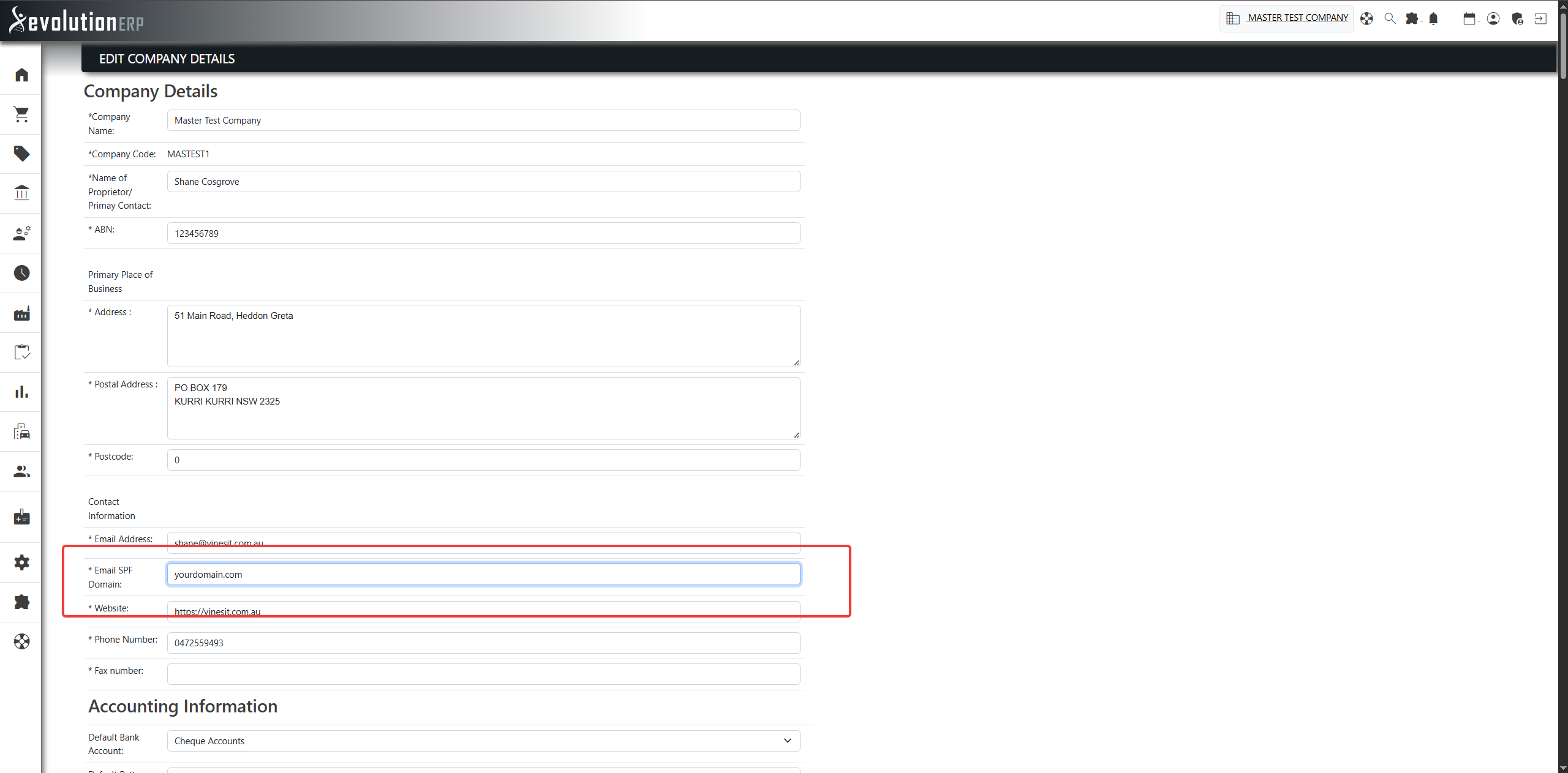 The Email SPF Domain field on the Company Settings screen.