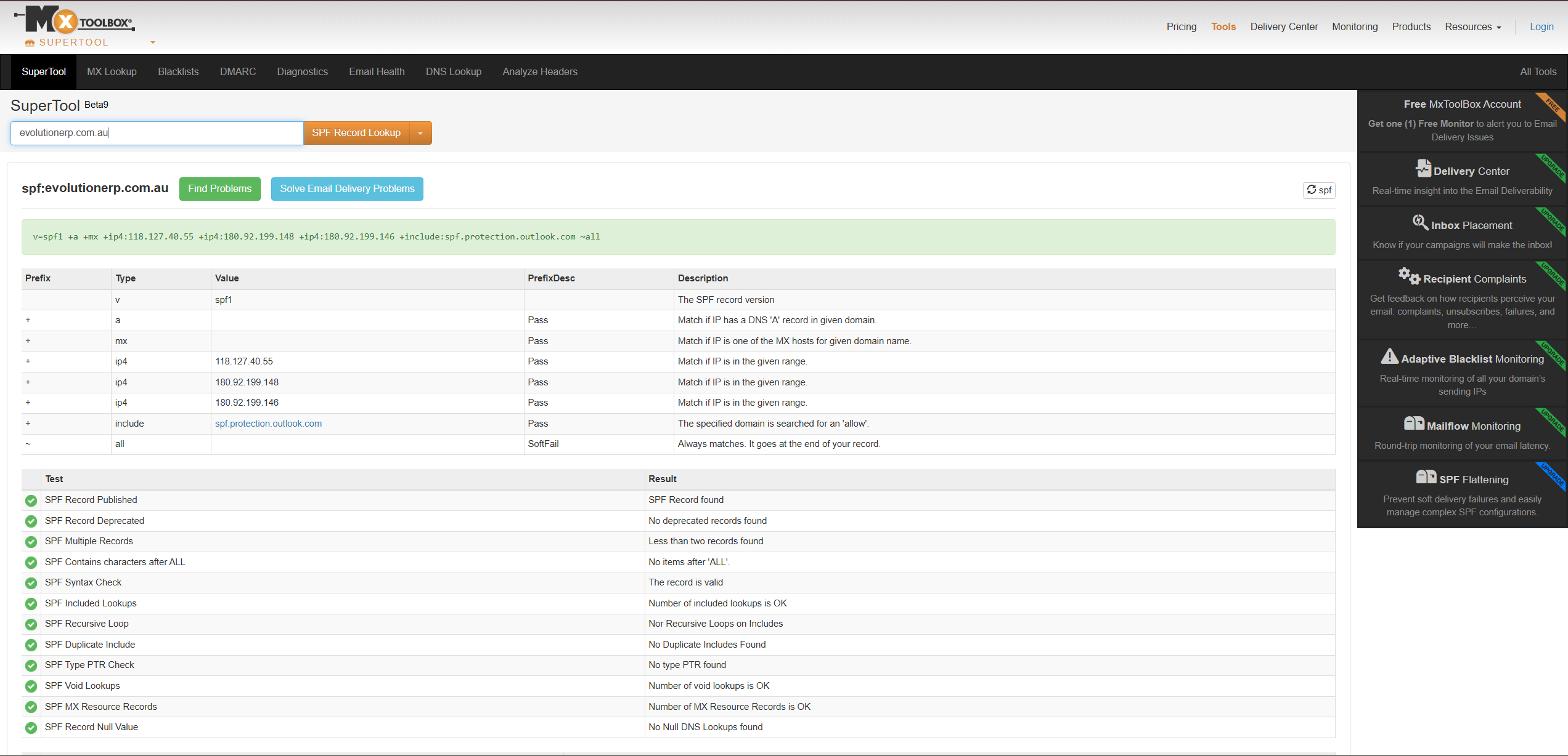An SPF lookup result showing the Evolution and Office 365 includes.