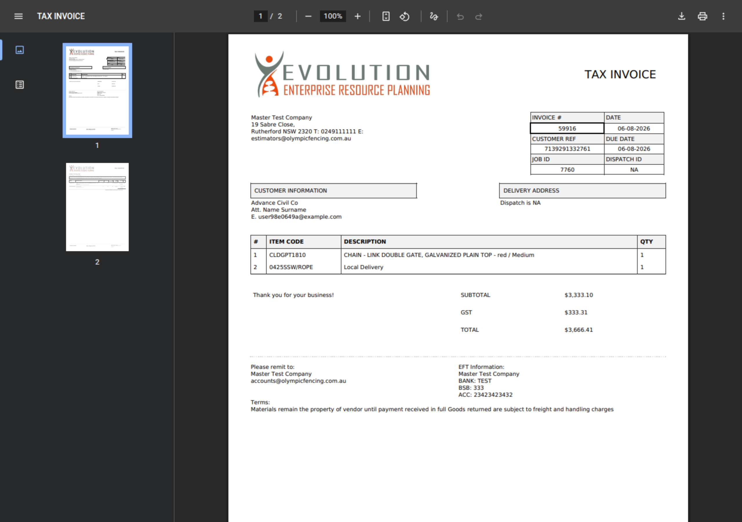 With "Open in browser", the printed document appears in the browser's PDF viewer — use its print button to send it to the printer.