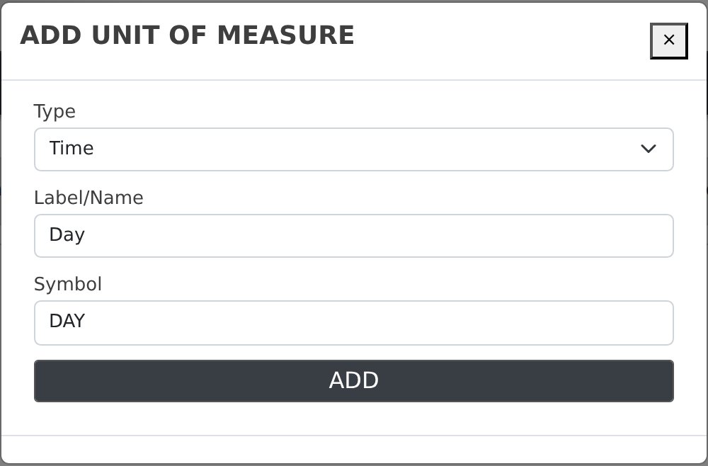 Adding a unit: choose the type, then enter the name and the short symbol.