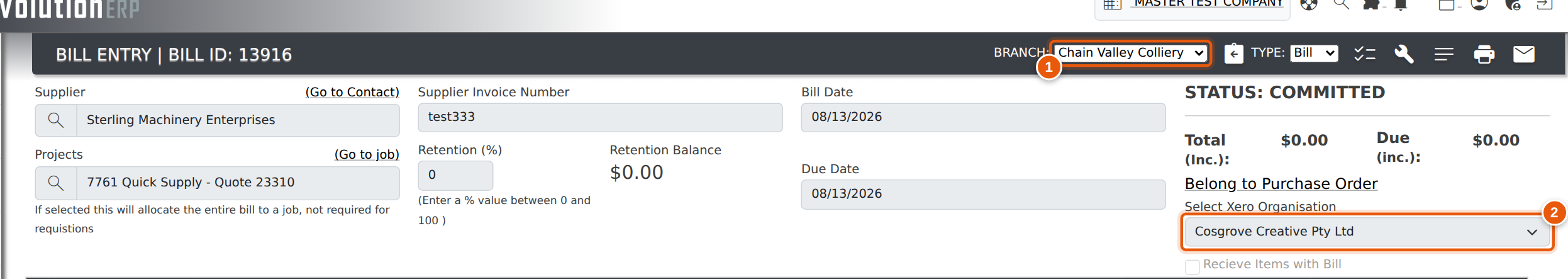 Bill Entry — changing the branch re-points the organisation picker.