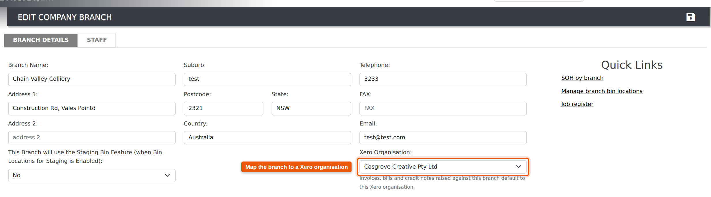 Settings → Branches — the Xero Organisation field on a branch.