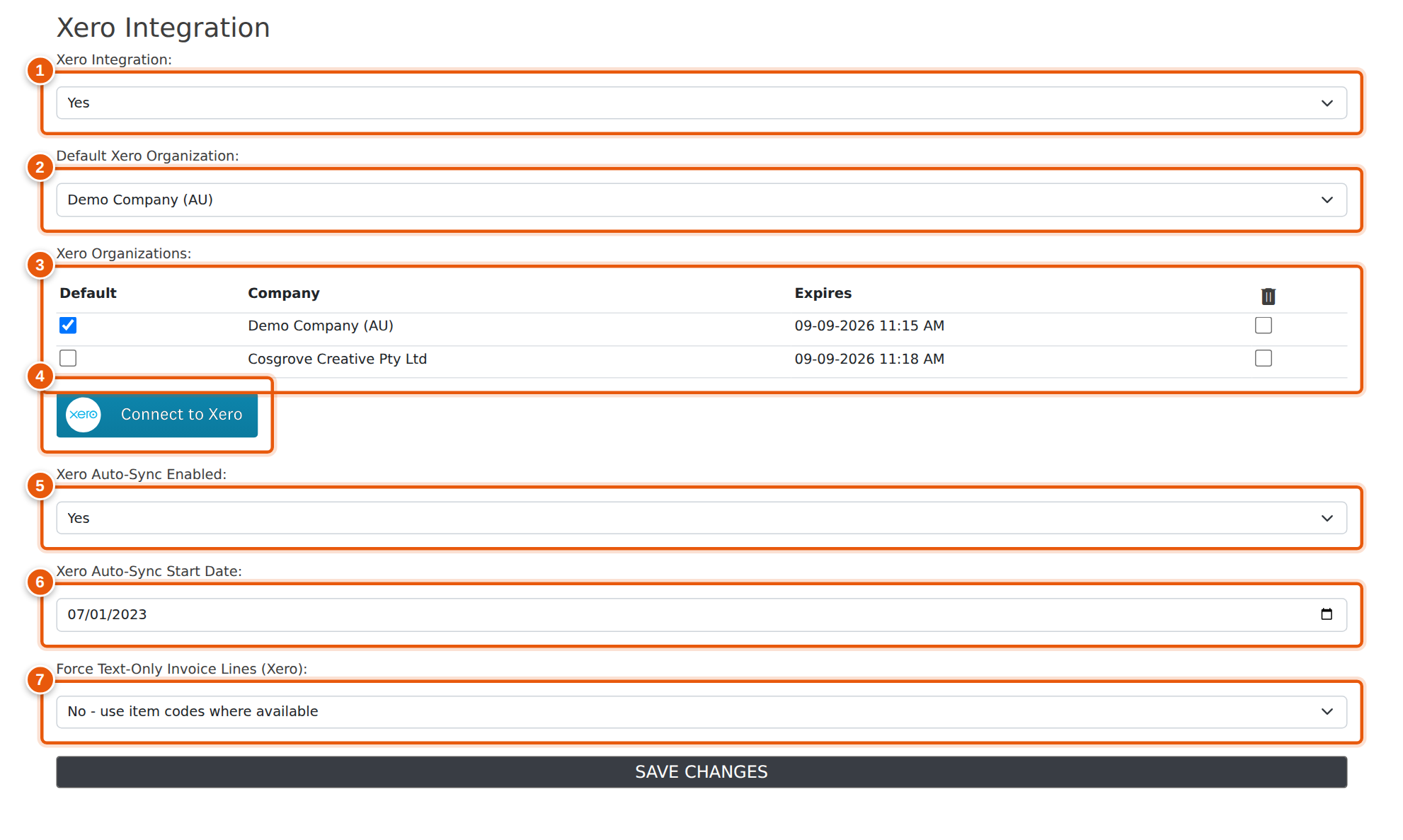 Settings → Company Setup — the Xero Integration block.