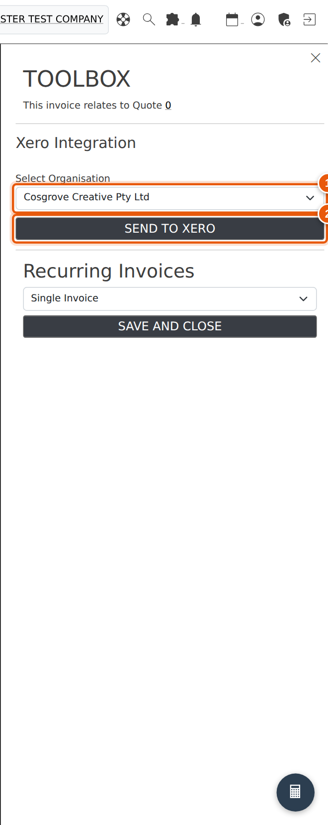 Invoice Entry — the Xero panel, with the organisation preselected from the branch.