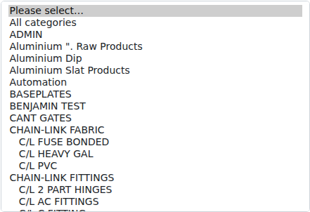 The category filter, showing sub-categories indented under their parent. Selecting the parent includes all of them.