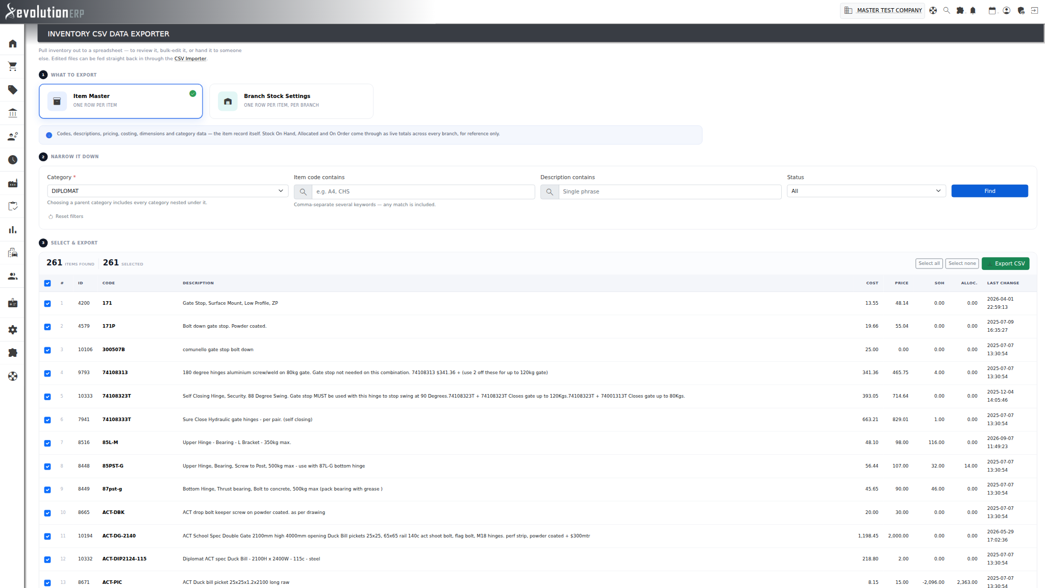 The Inventory CSV Data Exporter: choose an export type, narrow the list down, then pick the items to export.