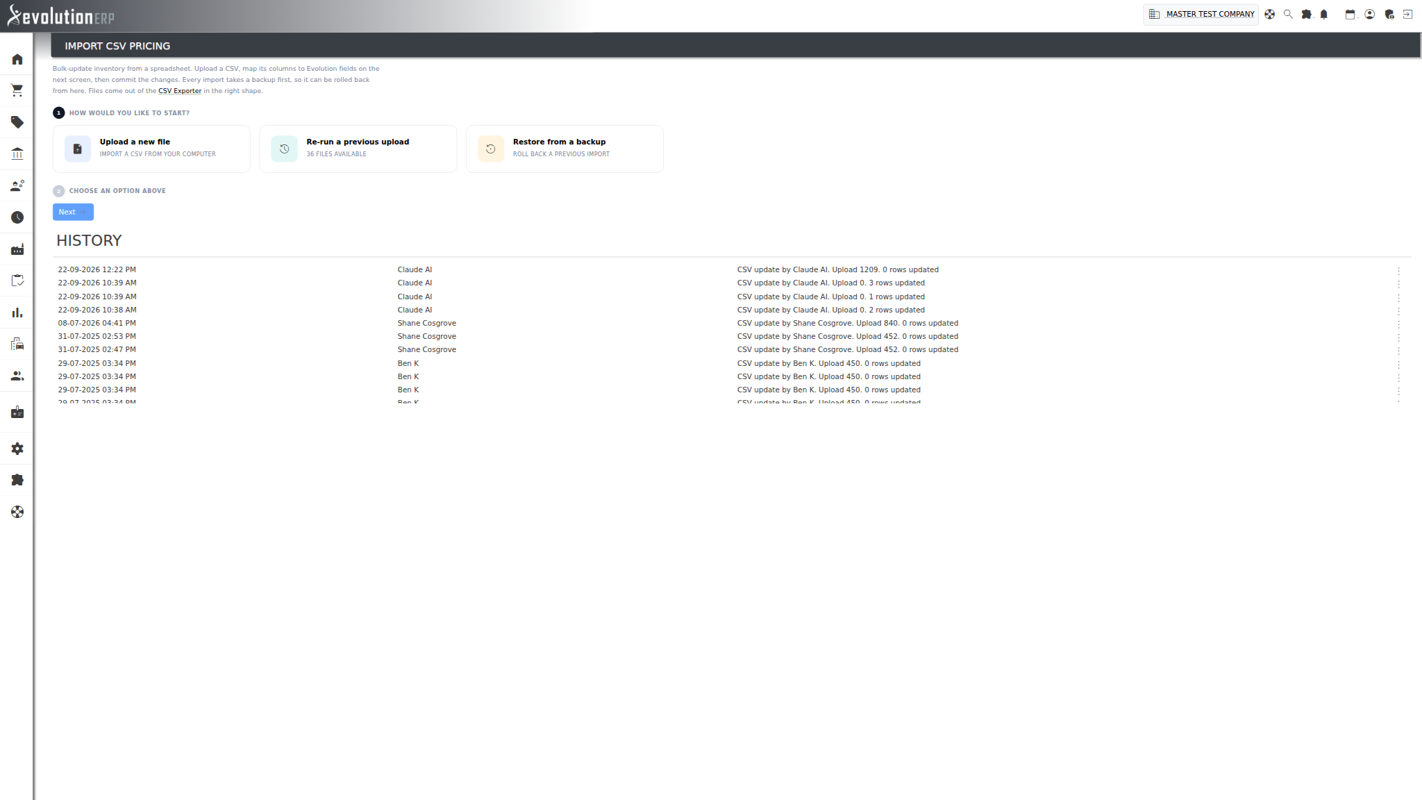 The three ways to start an import: upload a new file, re-run a previous upload, or restore a backup.