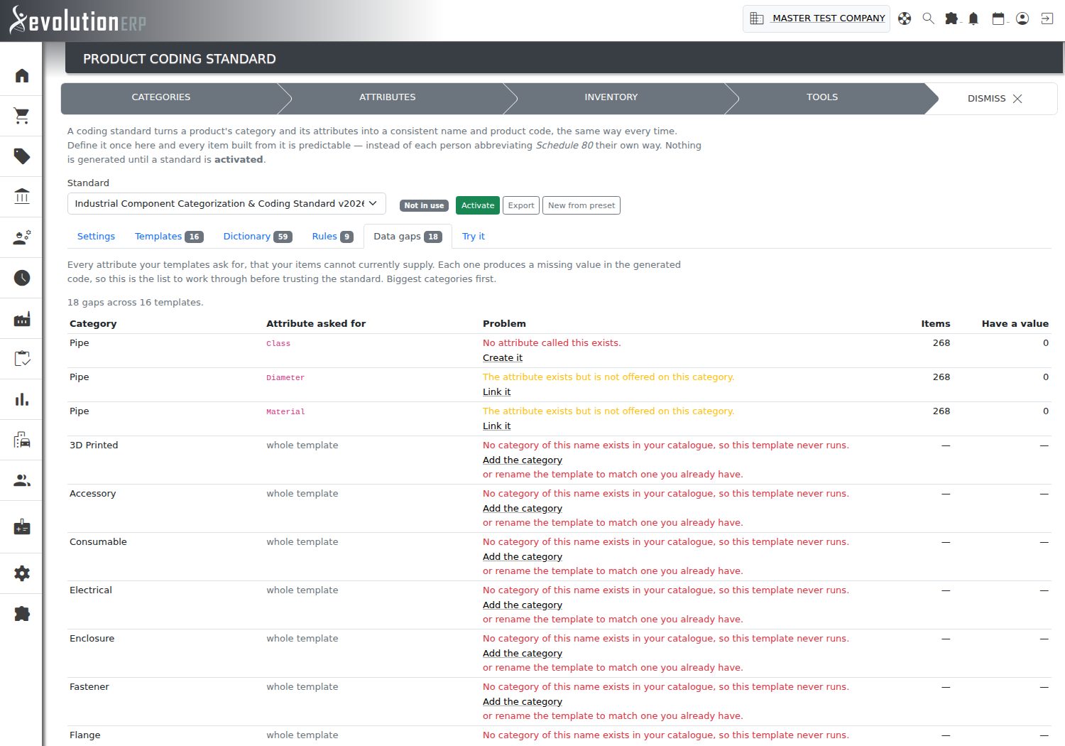 The Data gaps tab: every attribute a template asks for that the items cannot supply, each with the fix offered inline.