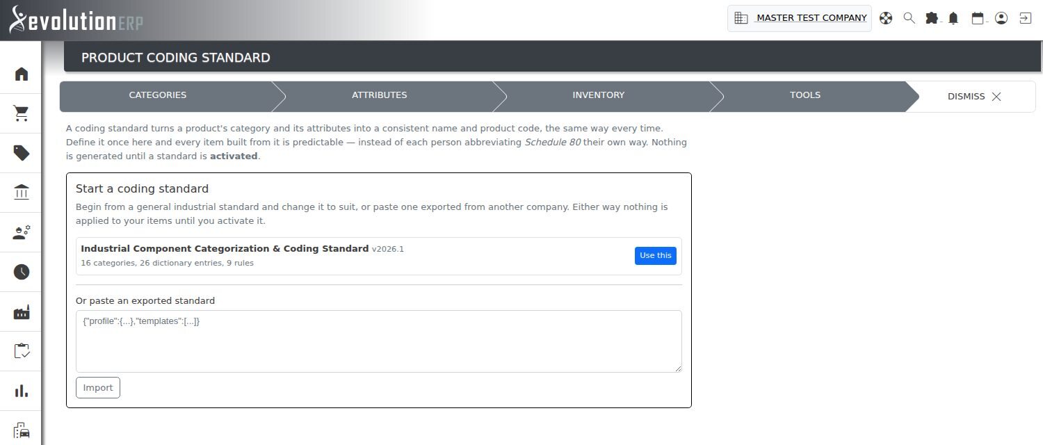 The starting screen: the supplied industrial standard, with a summary of what it contains, or a box to paste an exported standard into.