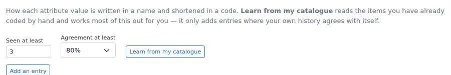 The Dictionary tab, with the controls that learn your conventions from items you have already coded.