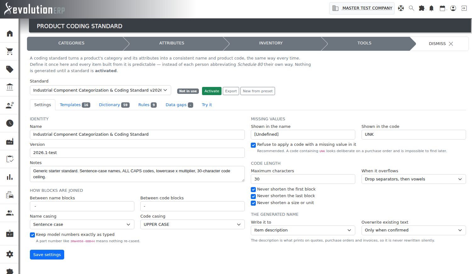 The Settings tab. Left: what the standard is called and how blocks are joined and cased. Right: missing values, code length, and where the generated description is written.