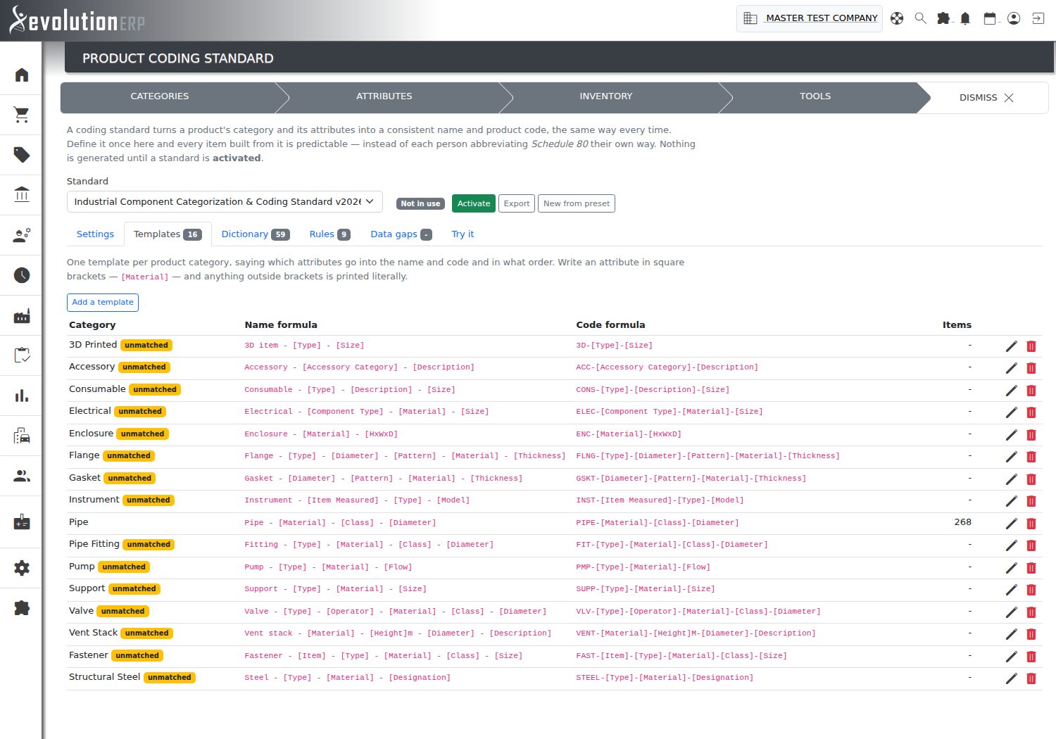 The Templates tab, one row per product category. Only Pipe matches a category in this company, so the rest are tagged unmatched.