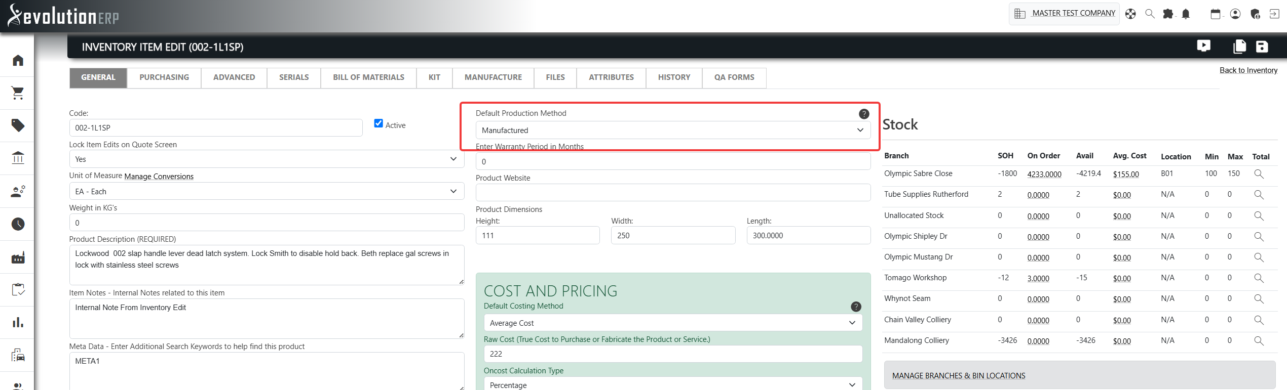 The Production Method selector on the item screen