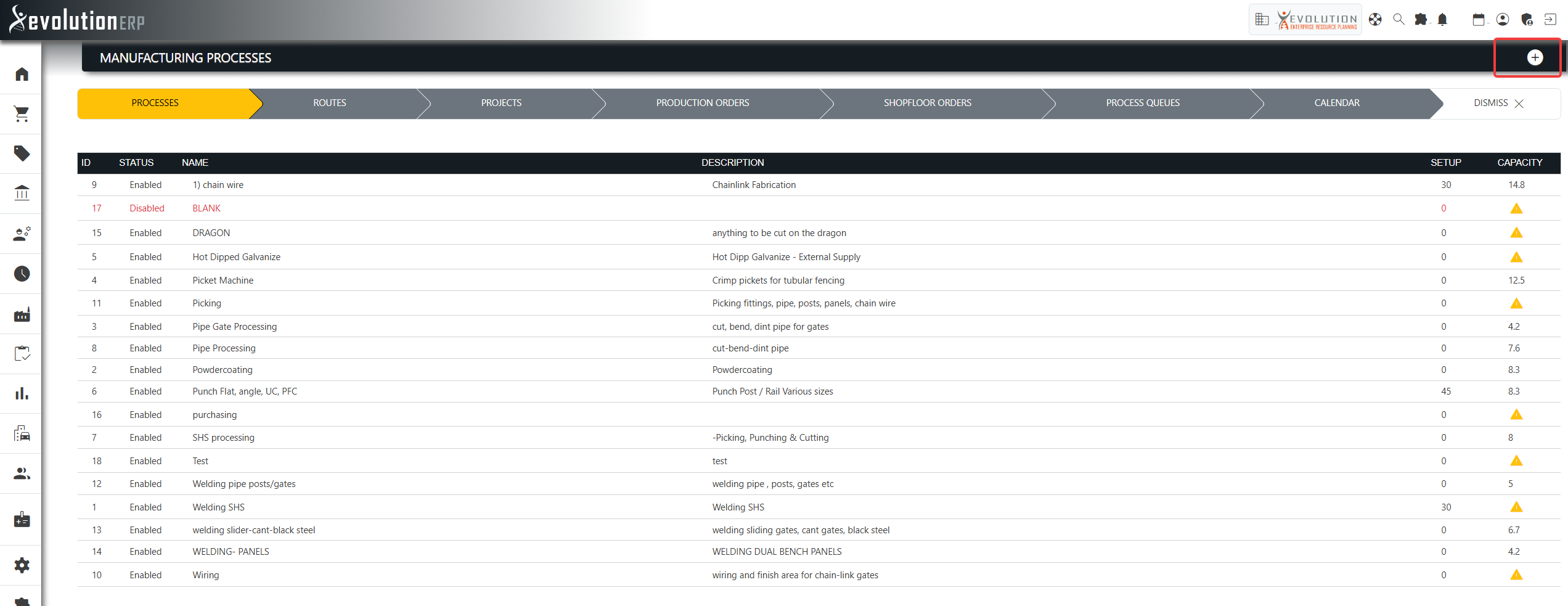 The Manufacturing Processes register. The warning icon in the Capacity column flags processes with no daily capacity set.