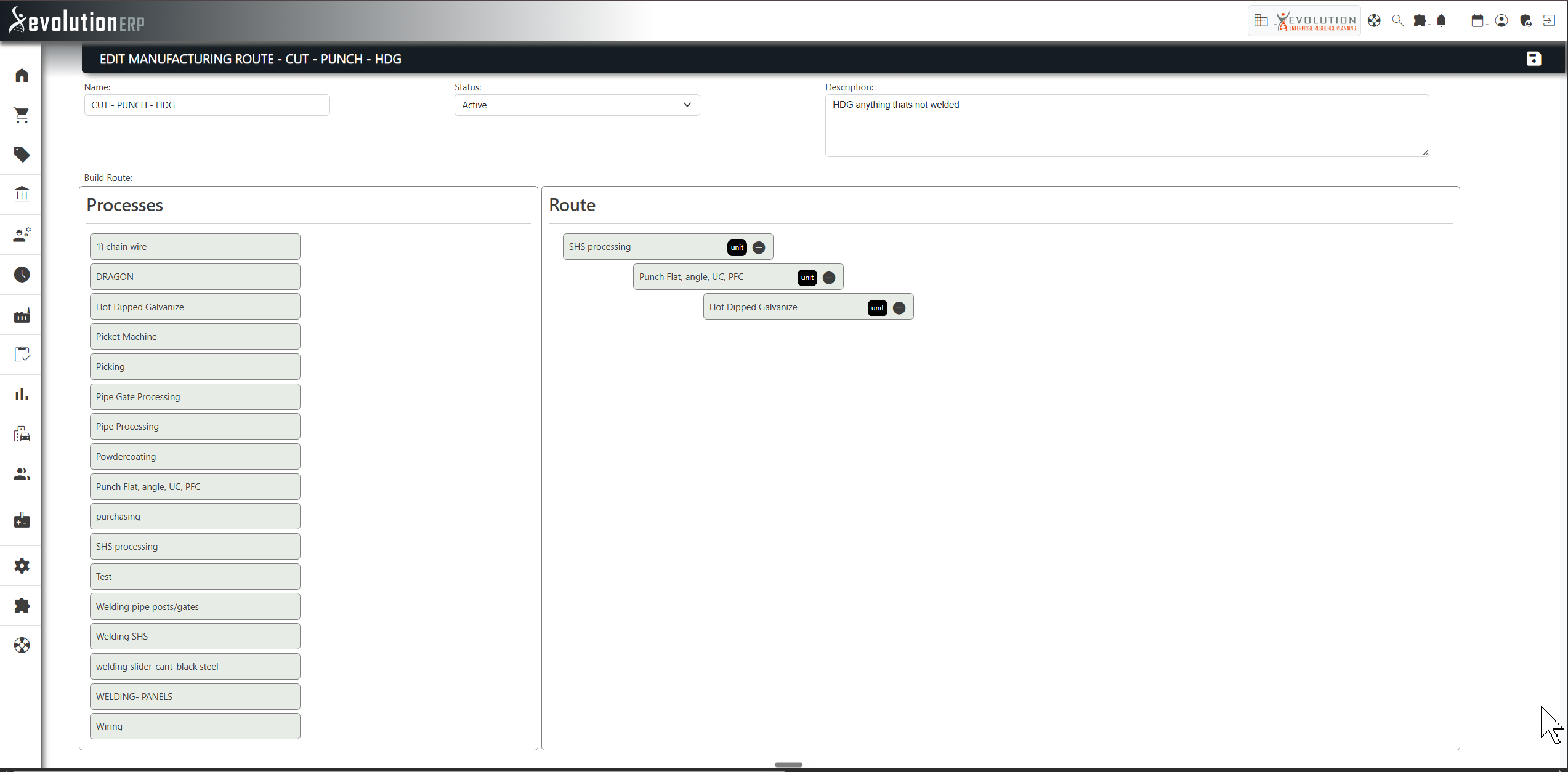 The route editor: drag processes from the Processes list on the left into the Route area on the right, then reorder and indent them.