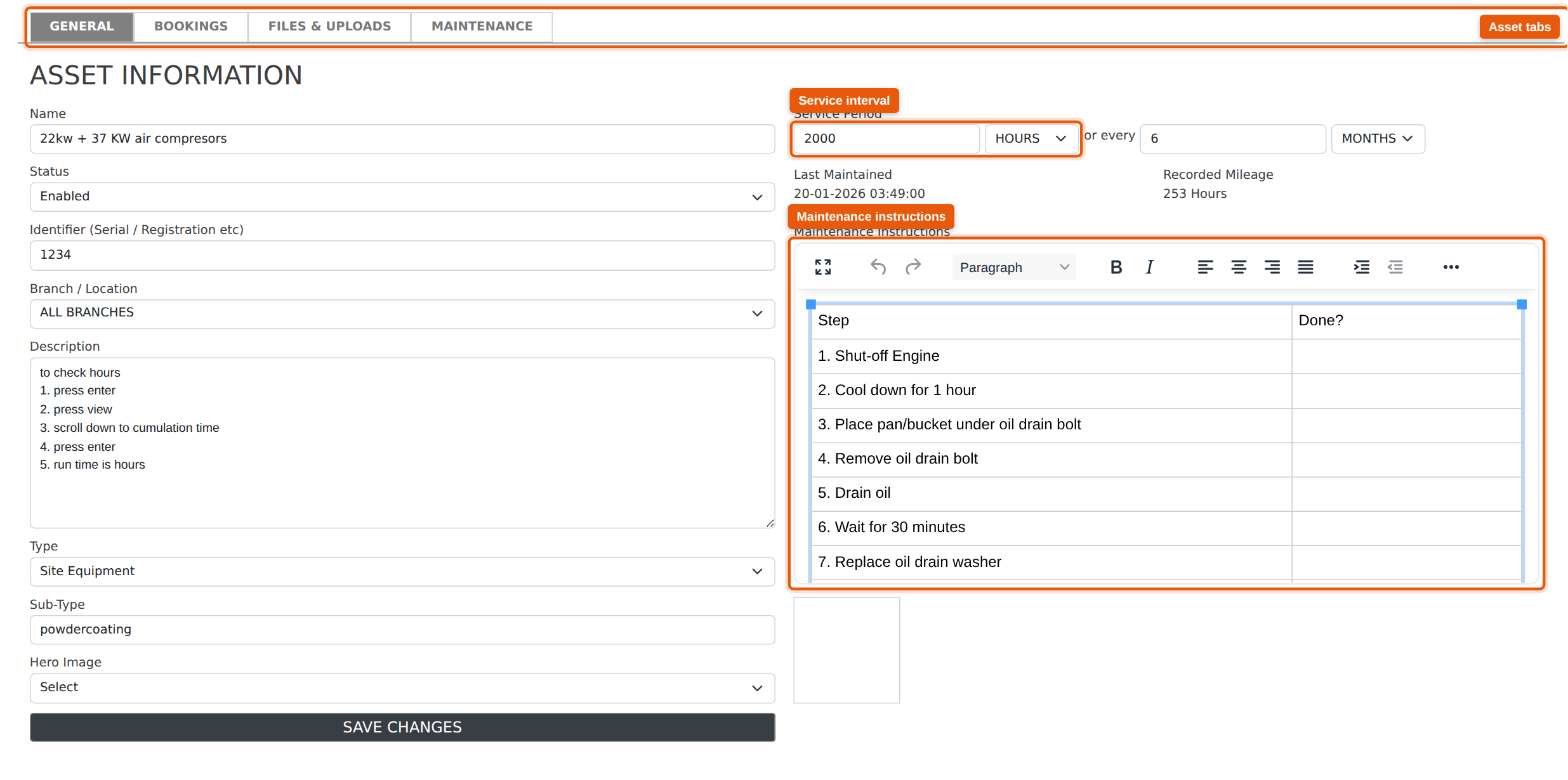 The General tab of the asset editor, showing the service interval and the maintenance instructions.
