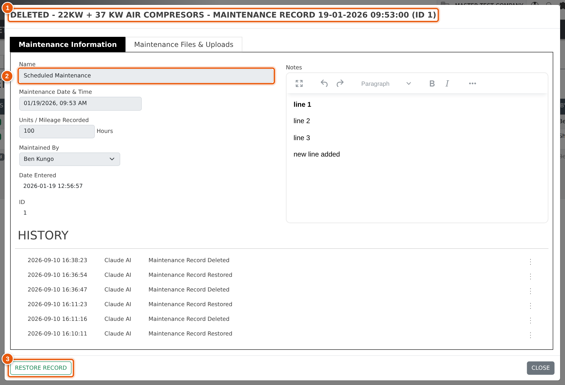 A deleted record opened: the heading is prefixed DELETED, the fields are read-only, and the button now offers Restore Record.