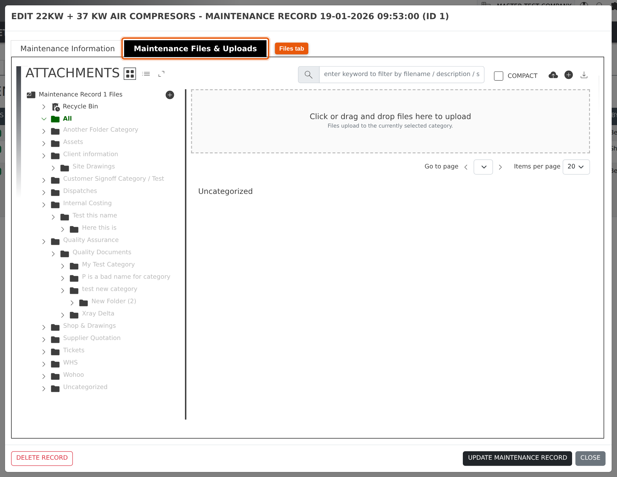 The Maintenance Files & Uploads tab, holding the files for one particular service.