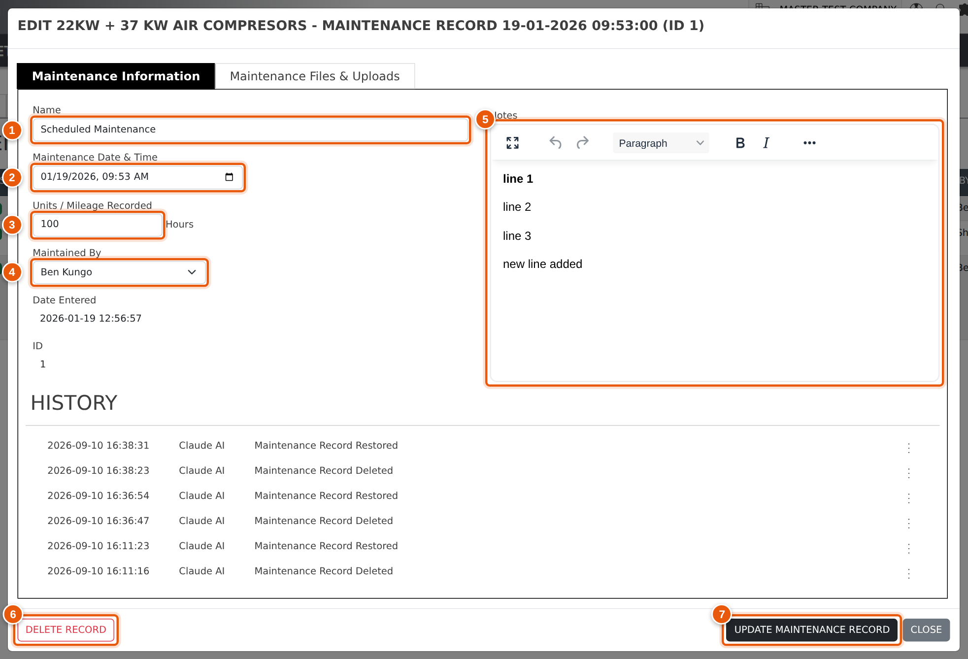 The maintenance record window, with its fields and buttons numbered.