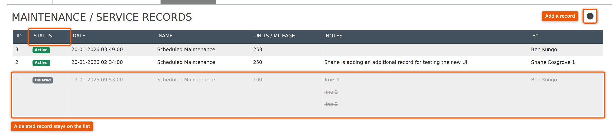 The maintenance register. Record 1 has been deleted: it stays on the list, badged Deleted and struck through, and sorts below the active records.