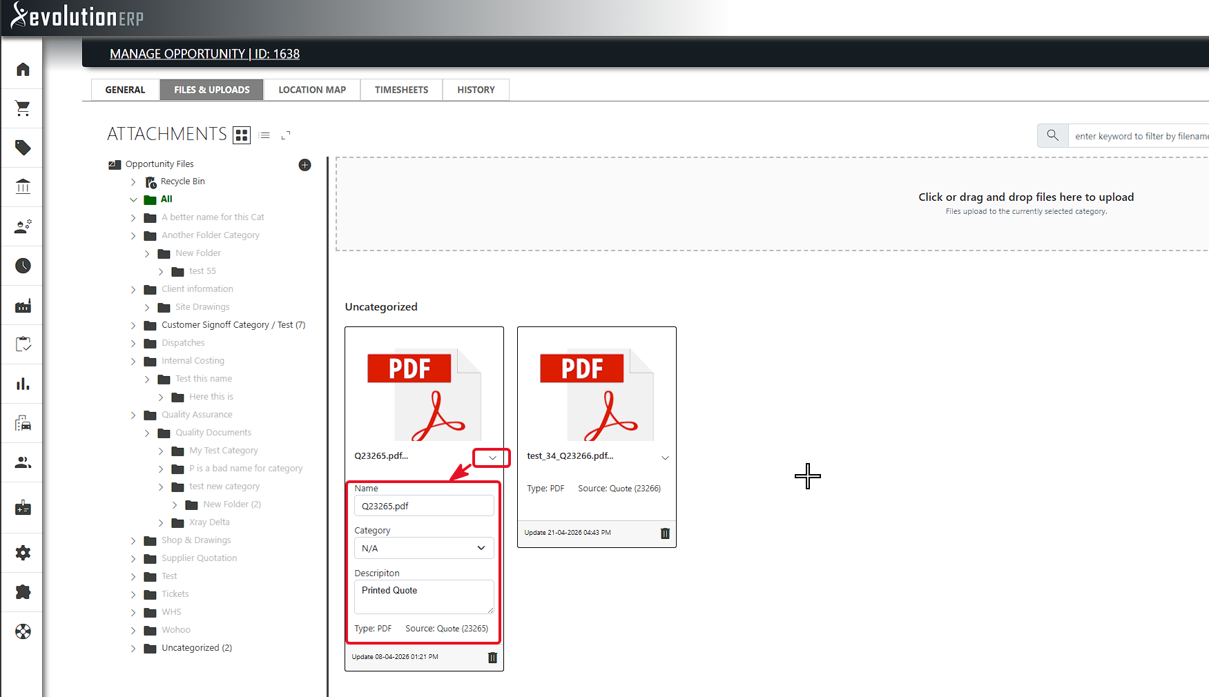 An attached file expanded to show the Name, Category and Description fields, which save as you change them.