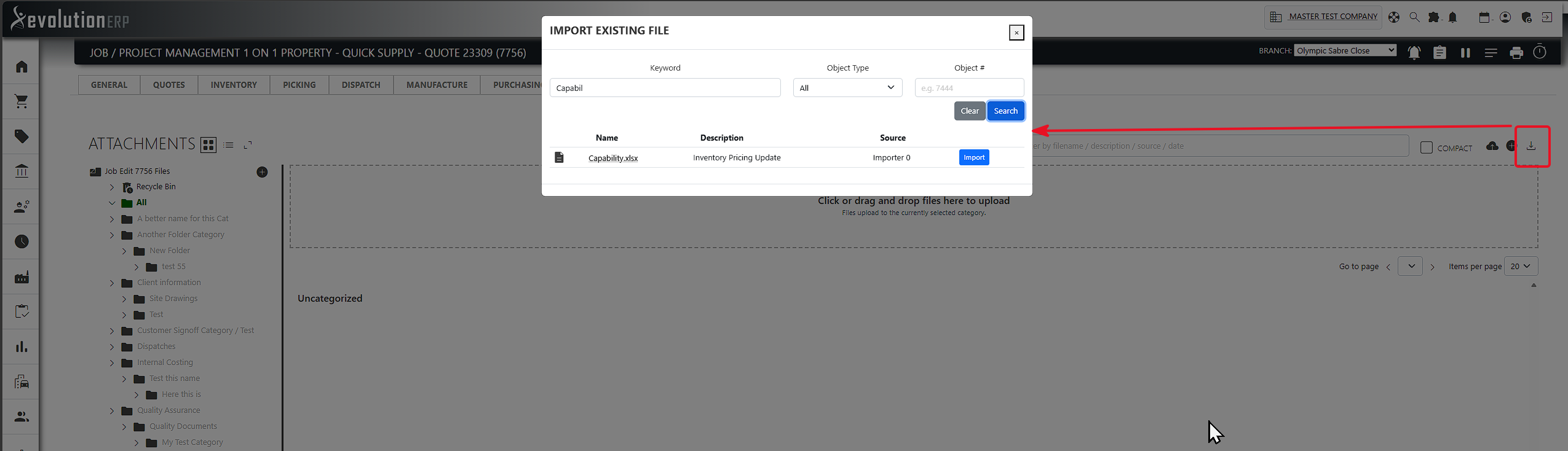 The Import Existing File search: filter by keyword, object type and object number to reuse a file.