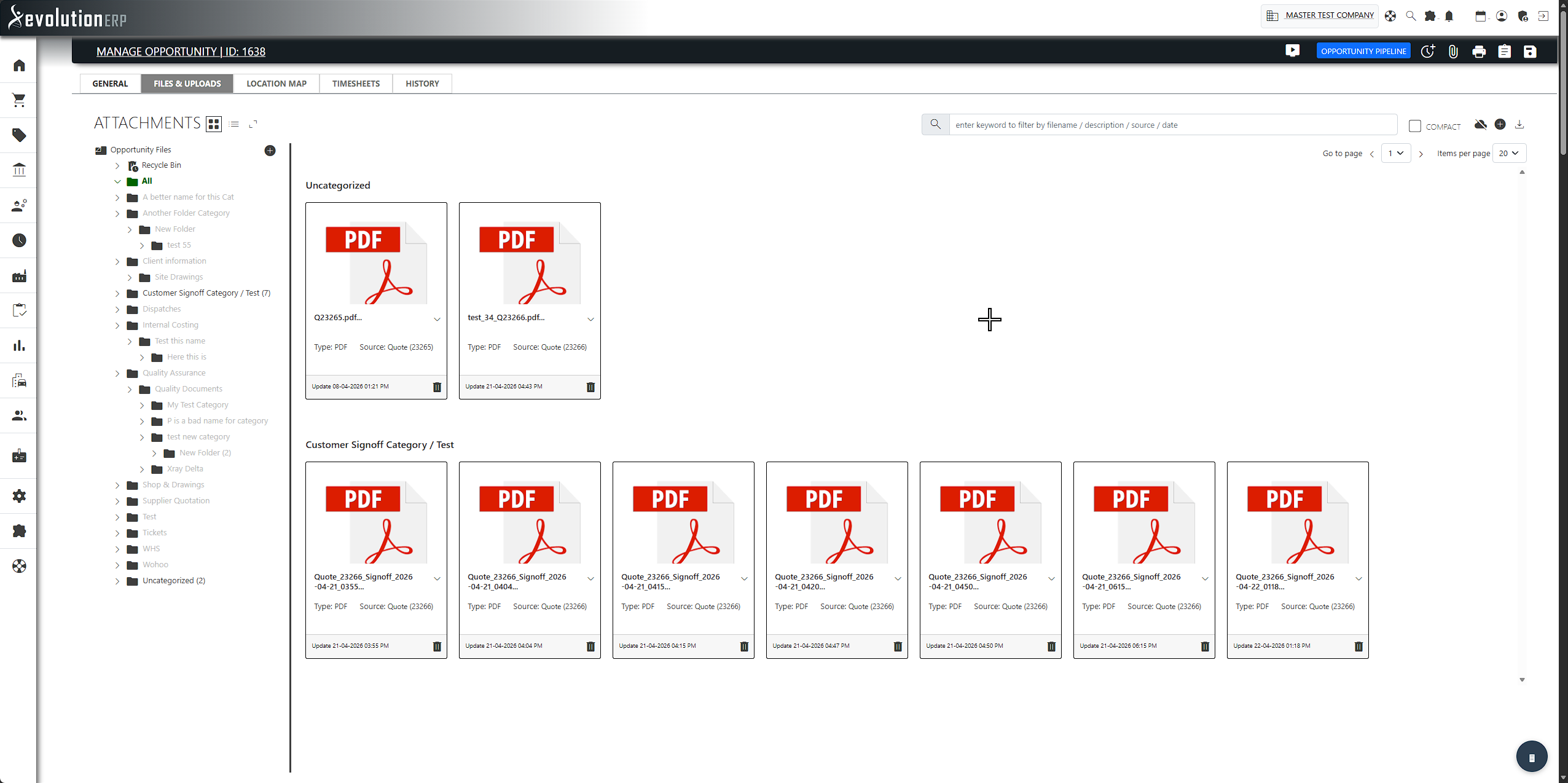 A typical Files area: the drag-and-drop upload box above a list of attached files.