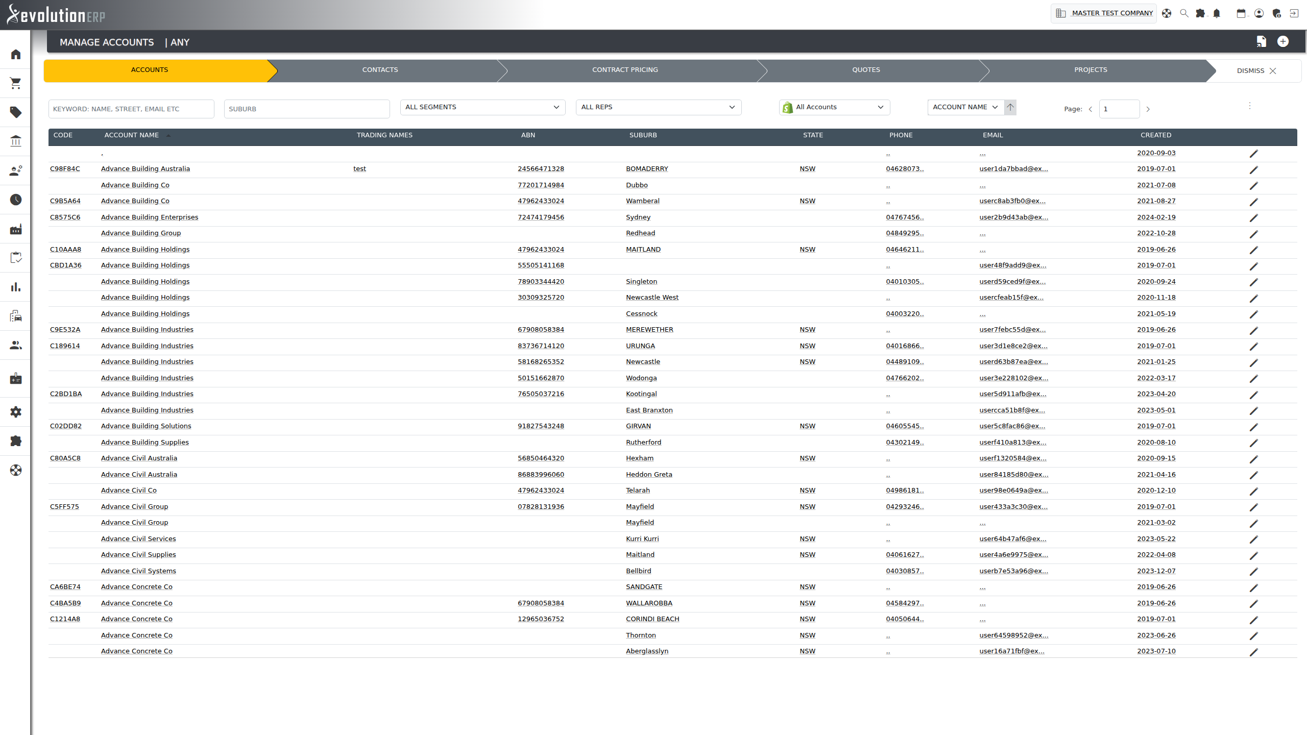 Manage Accounts — the register of the businesses you trade with. Codes, trading names, ABN and location, with the Accounts → Contacts → Contract Pricing → Quotes → Projects strip across the top.