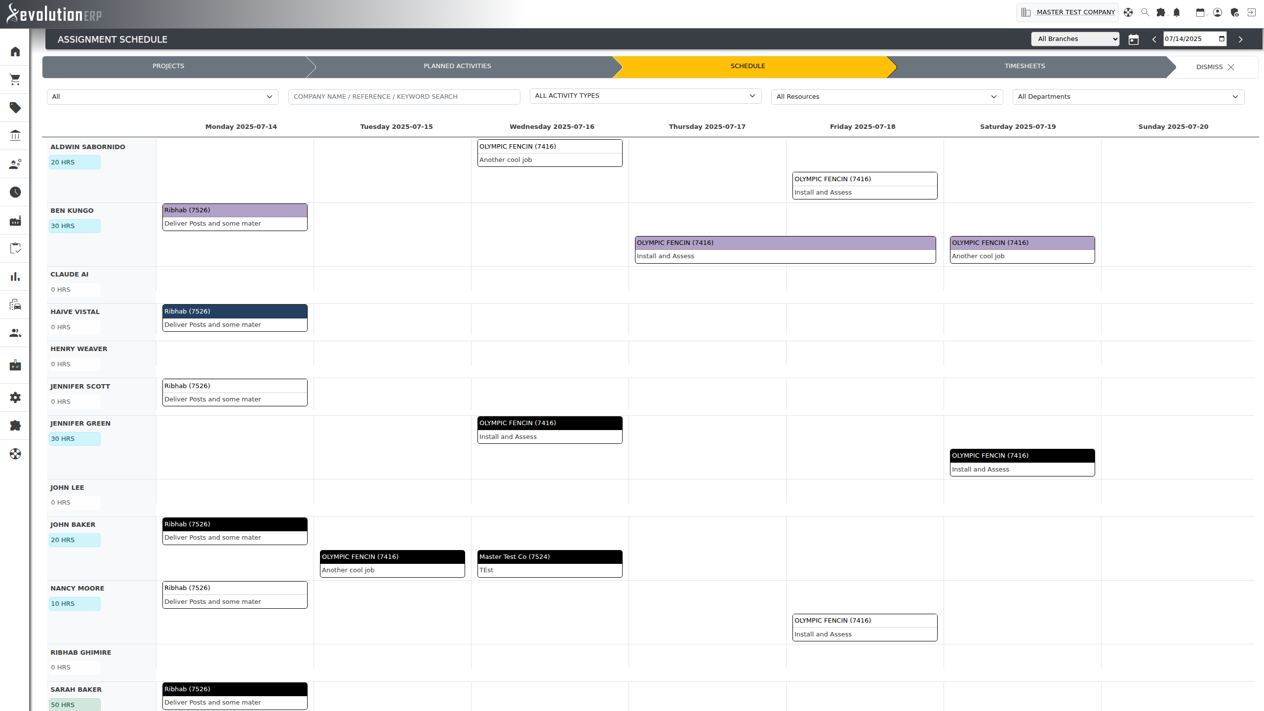 The Assignment Schedule. Resources run down the left with their booked hours for the week; each block is an activity they are assigned to, showing the account, project reference and activity title.
