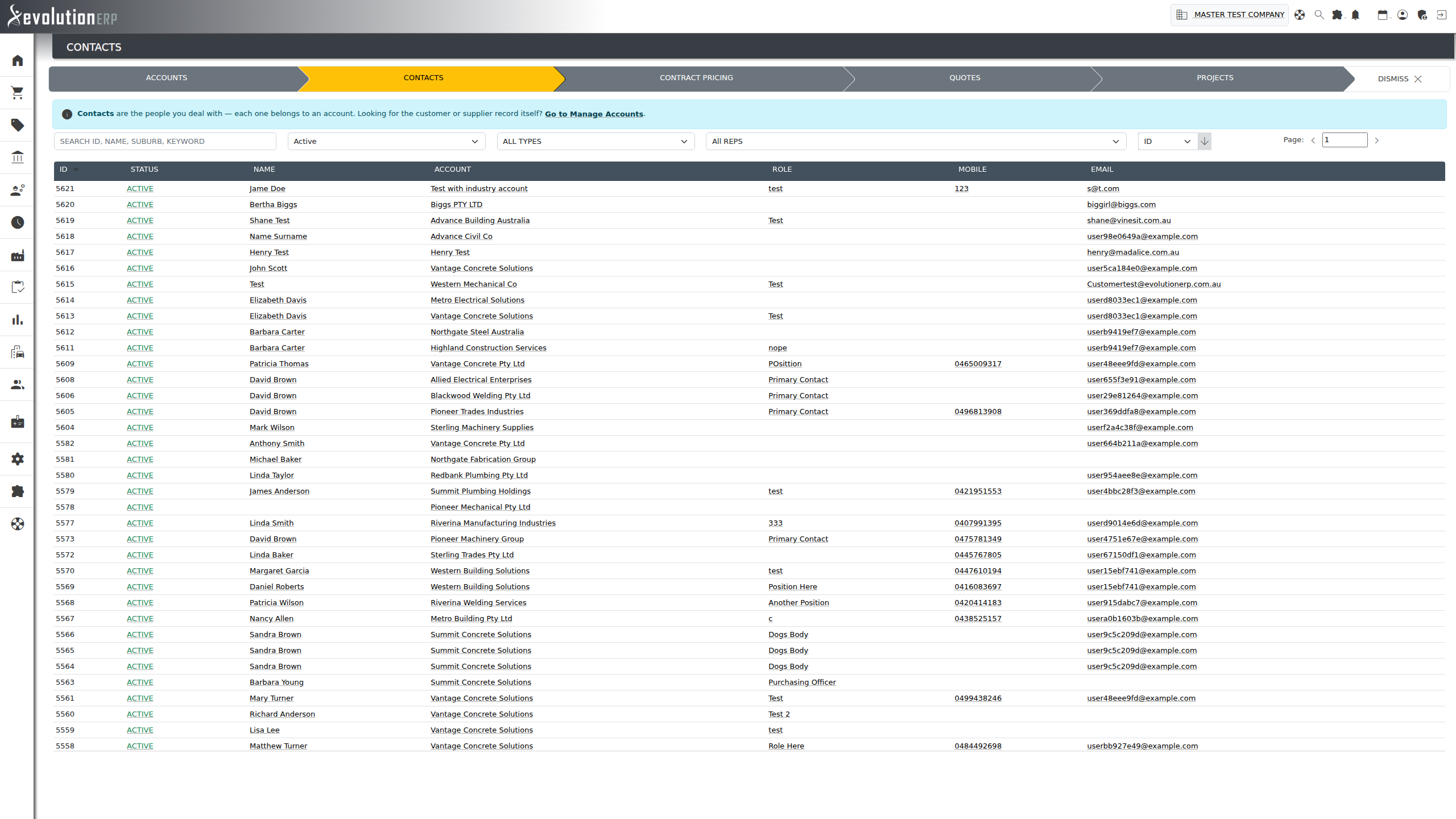 Contacts — the people. Every row belongs to an account (Account column) and carries that person’s role. The banner at the top points anyone hunting for the business record itself back to Manage Accounts.