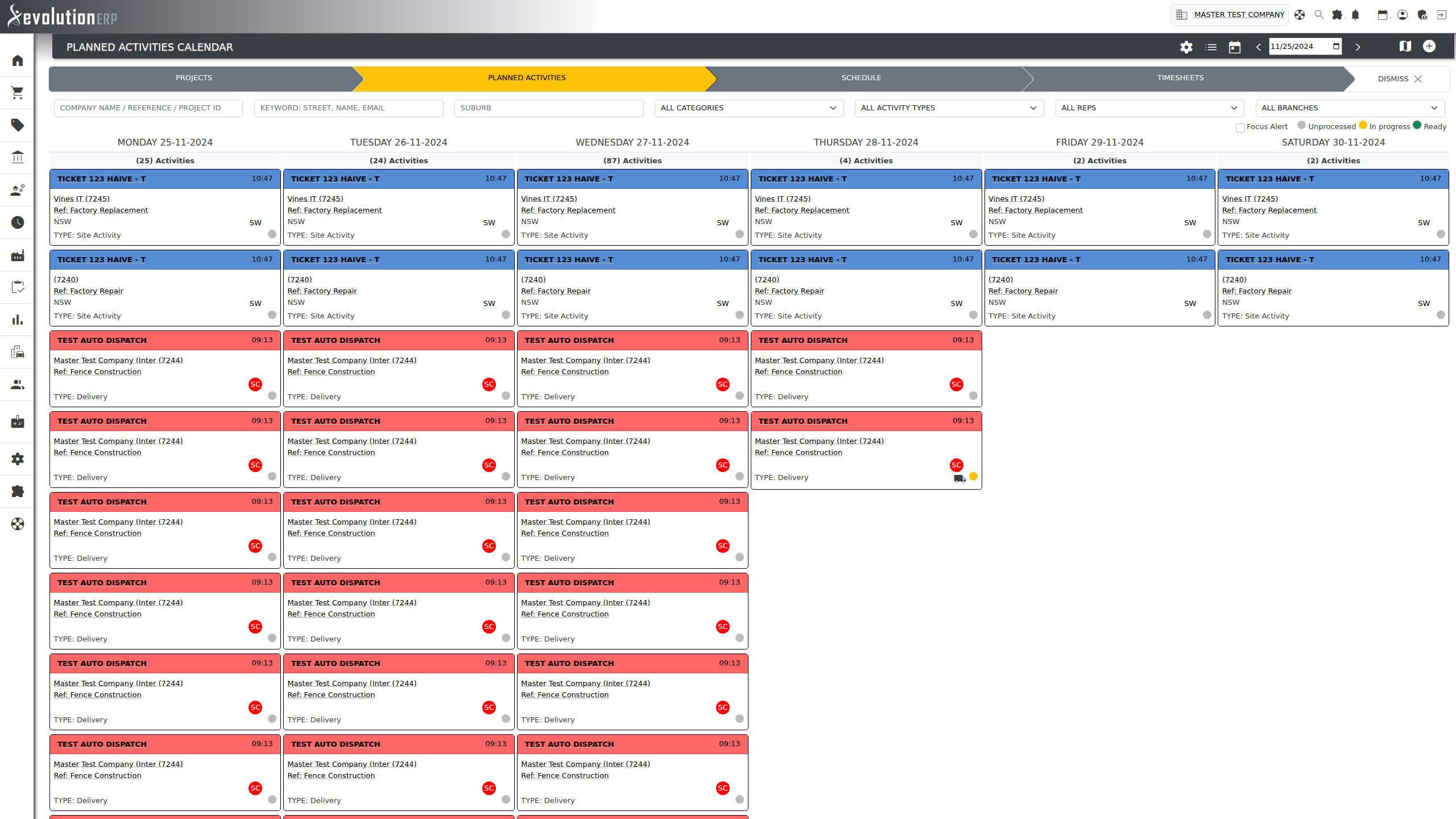 The Planned Activities Calendar. Each card shows the activity title, the account, the project reference, the suburb and the activity type, with its three status dots. The strip across the top is the scheduling pipeline: Projects → Planned Activities → Schedule → Timesheets.