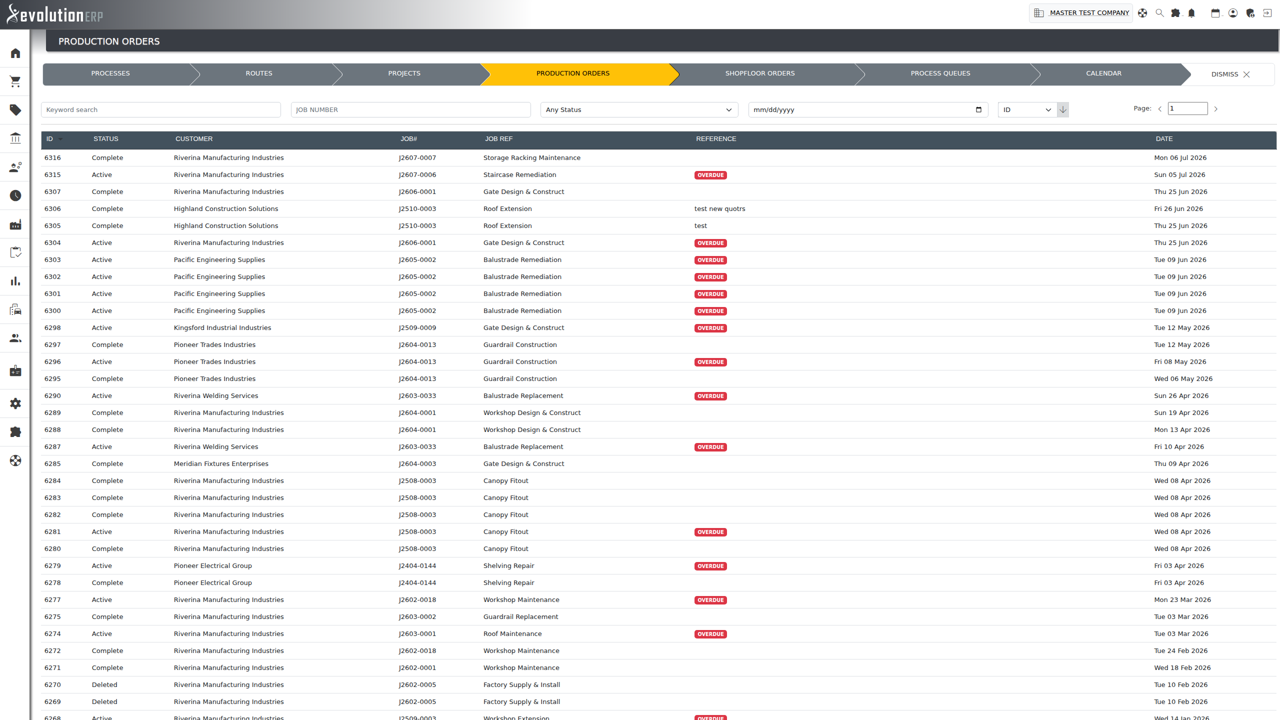 The Production Orders register. Each row is one production order — customer, project number, project reference and required-by date, with active orders past their date flagged OVERDUE.