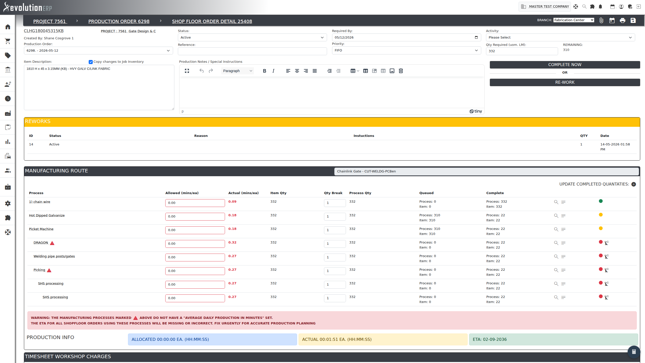 Shop Floor Order detail. The breadcrumb at the top reads Project → Production Order → Shop Floor Order, making the hierarchy explicit. Below it: the reworks panel, the manufacturing route with allowed-versus-actual minutes per step, and the production summary showing allocated time, actual time and the calculated ETA.