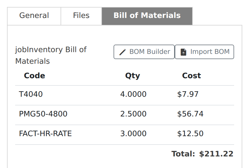 The Import BOM button sits next to BOM Builder on the project line’s Bill of Materials tab.