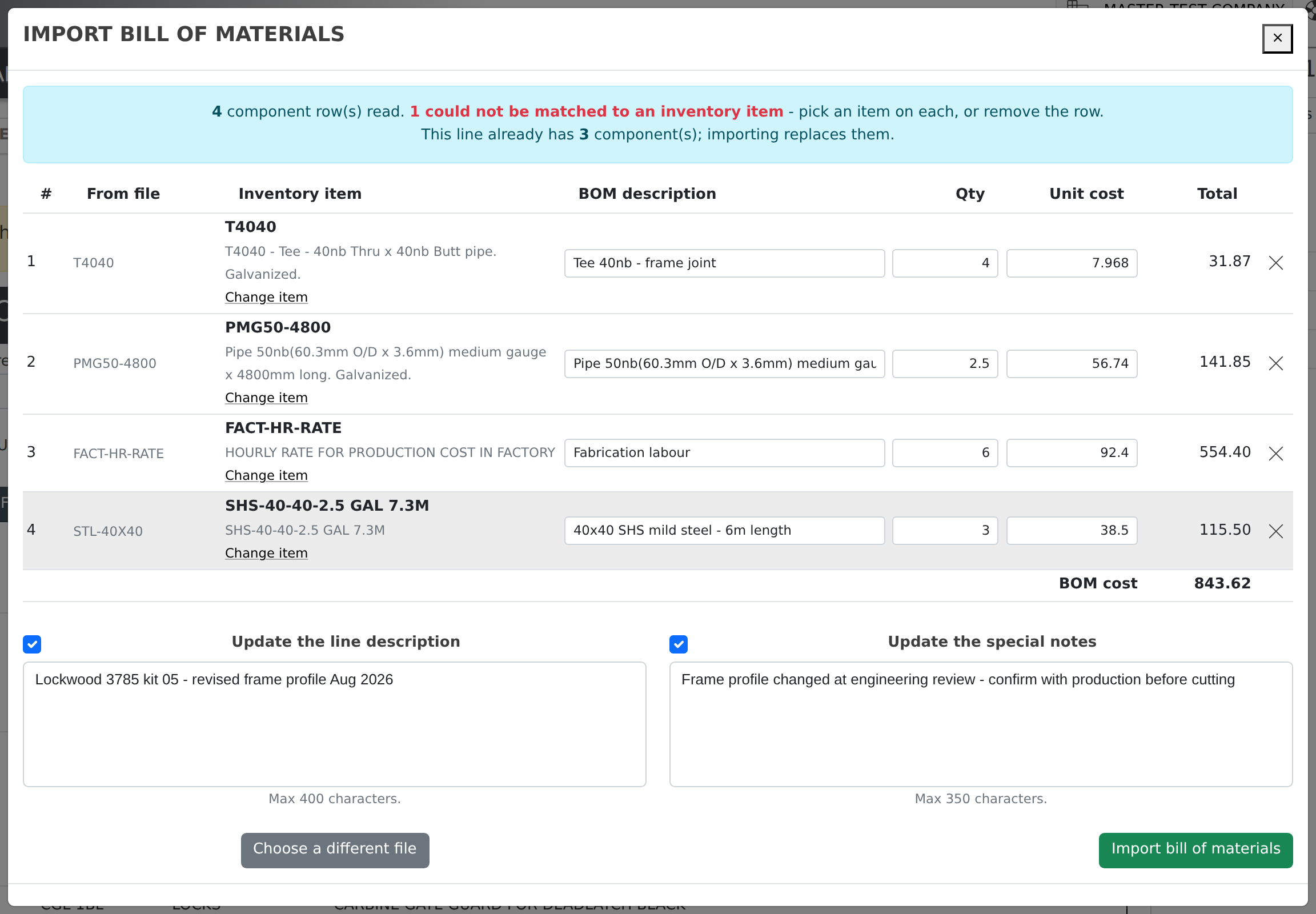 The preview lists every row in the file, matched against inventory, with a running BOM cost at the foot of the table.