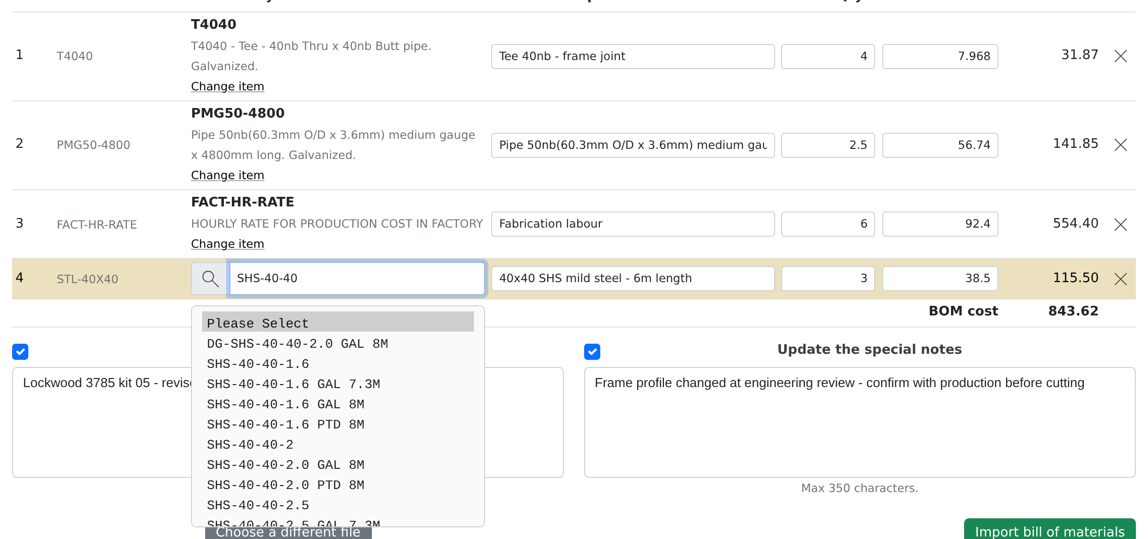 An unmatched row is highlighted and given an item search so it can be resolved before importing.