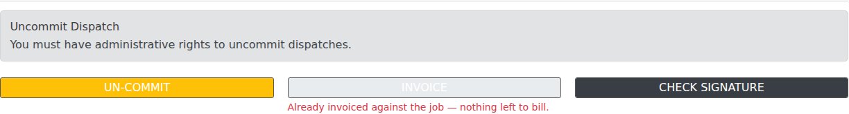 Every item on this delivery has already been billed from the project, so the INVOICE button is greyed out and says why.