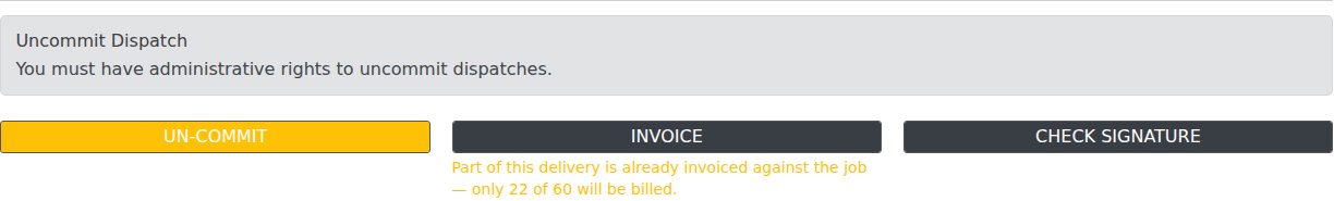A delivery whose goods have been part billed from the project. The button still works, but only the un-invoiced balance — 22 of the 60 delivered — will be carried onto the invoice.