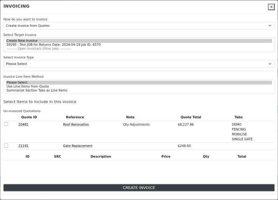 Invoicing from quotes. The Un-invoiced Quotations list shows each quote still to bill, its total, and the section tabs it contains. The Note column flags quotes whose quantities were adjusted on the project, or that contain items set to "Disable All Invoicing".