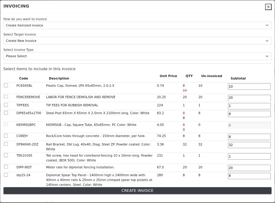 The itemised invoice list. Every project item is shown with its unit price, quantity, the amount still un-invoiced, and an editable quantity to bill. Rows with nothing complete-and-unbilled are greyed out.