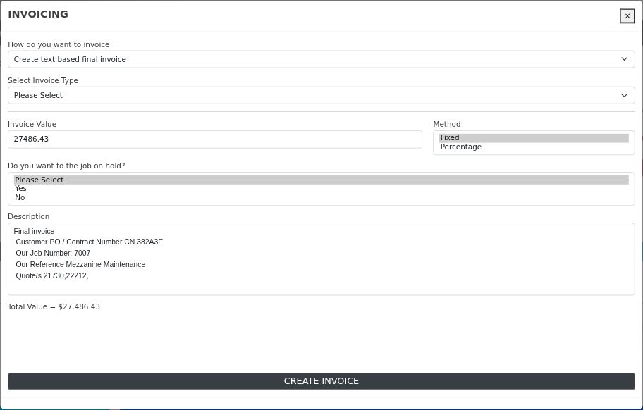 A text based final invoice: the Invoice Value is pre-filled with the balance of the project and the description is pre-set to "Final invoice". Check the figure before saving — it is only a starting point.
