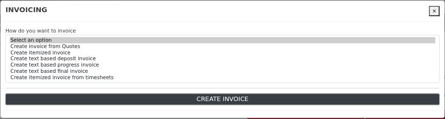 The five invoicing methods. "Create itemized invoice from timesheets" only appears when the Timesheets module is enabled and you have Timesheets admin rights (or you are a system administrator).