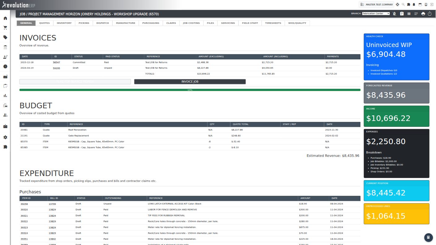 The Job Costing tab: invoices already raised against the project, the INVOICE PROJECT button, and the invoiced-vs-budget progress bar. The Health Check panel on the right shows the Uninvoiced WIP still to bill.
