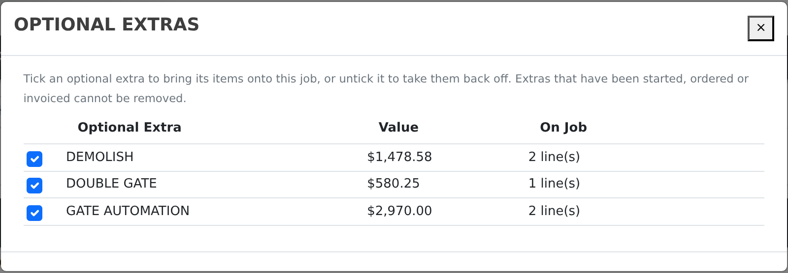 Tick an optional extra to bring its items onto the project; untick it to take them back off.