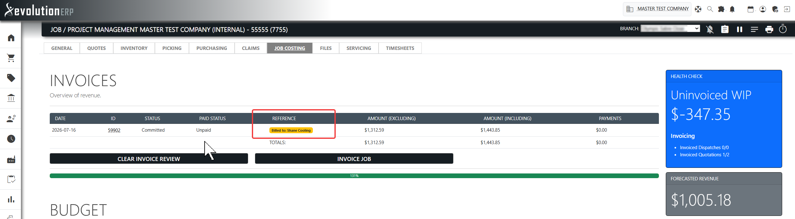The project Invoices tab: the "Billed to" badge flags an invoice raised for this project but billed to a different customer.