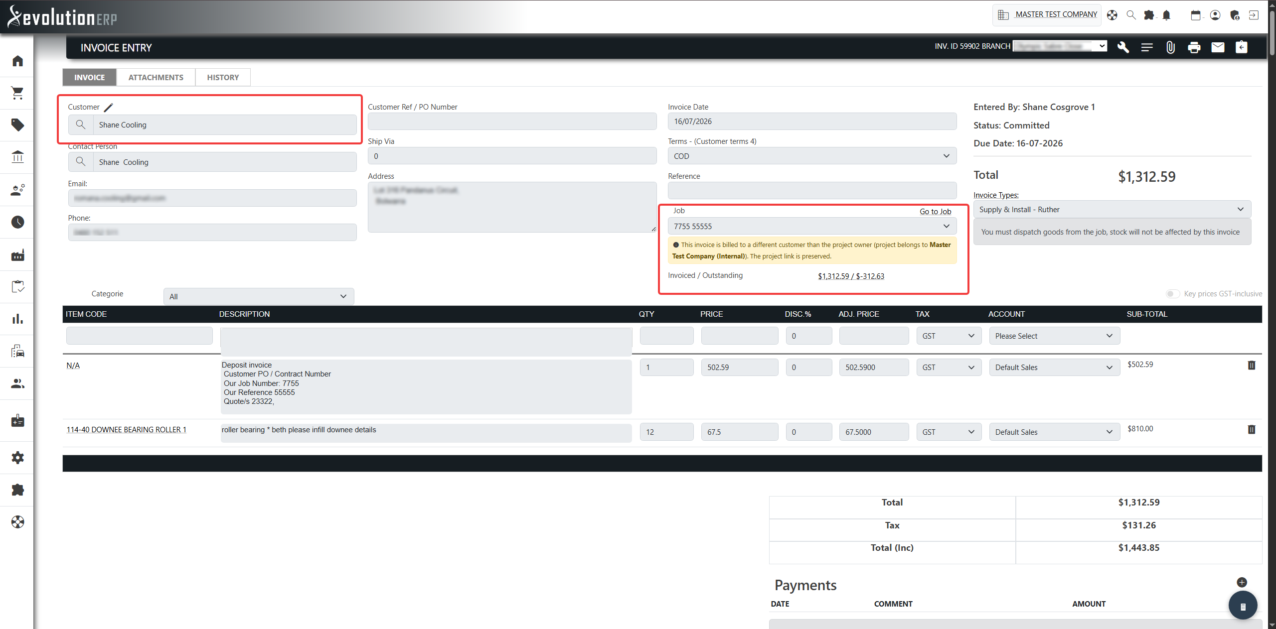 The billed-to notice shown when an invoice bills to a different customer